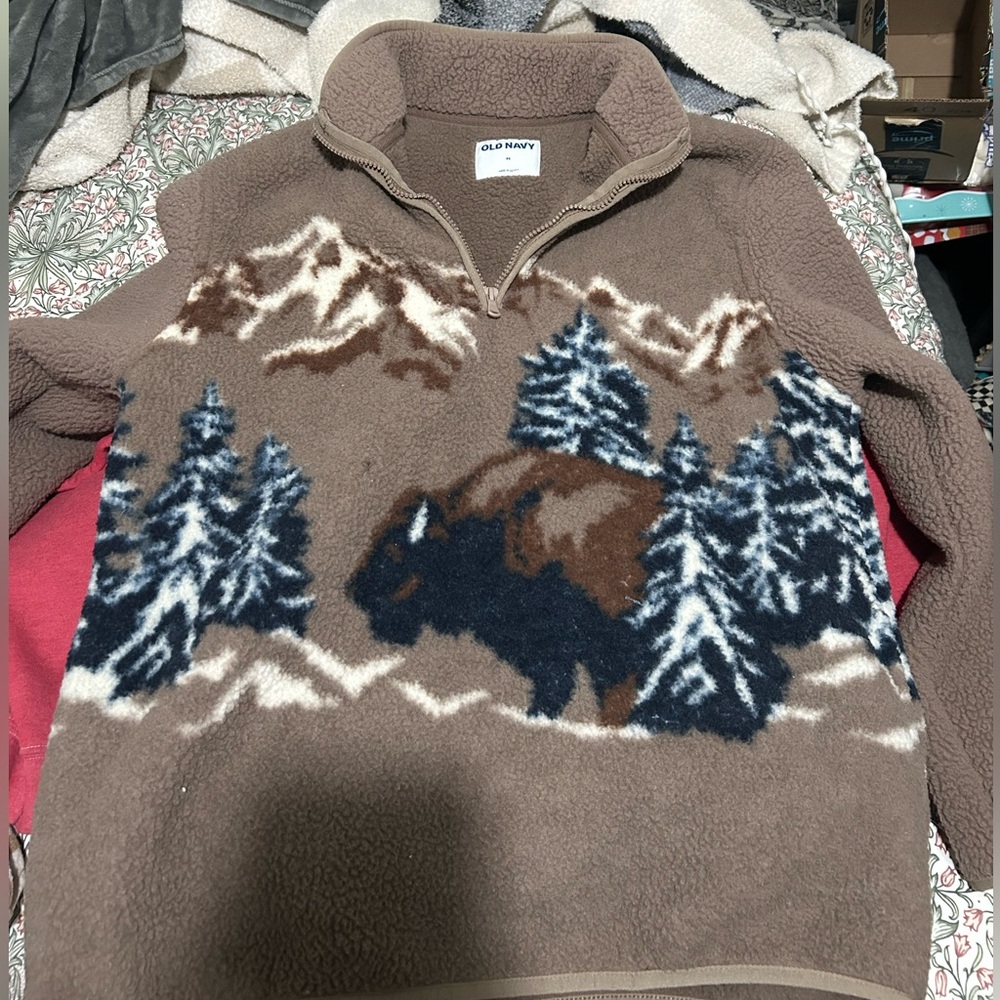 Old Navy Tan Zip-Up Sweater with Bison